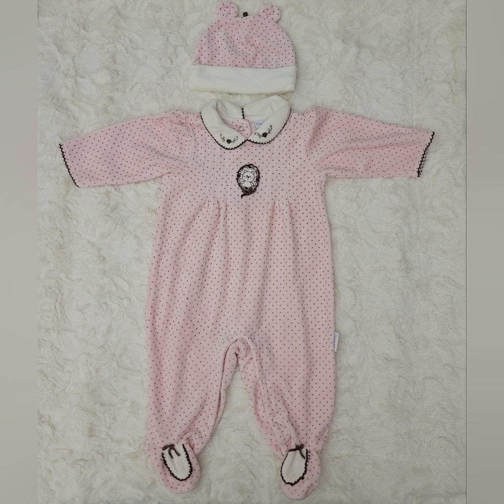 Vitamins Baby Pink/Brown Polka-Dot Footie with Matching Hat Size 9M